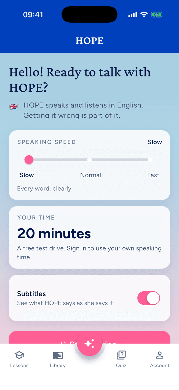 The HOPE screen in the app: speaking speed set to slow, subtitles on, a Start talking button