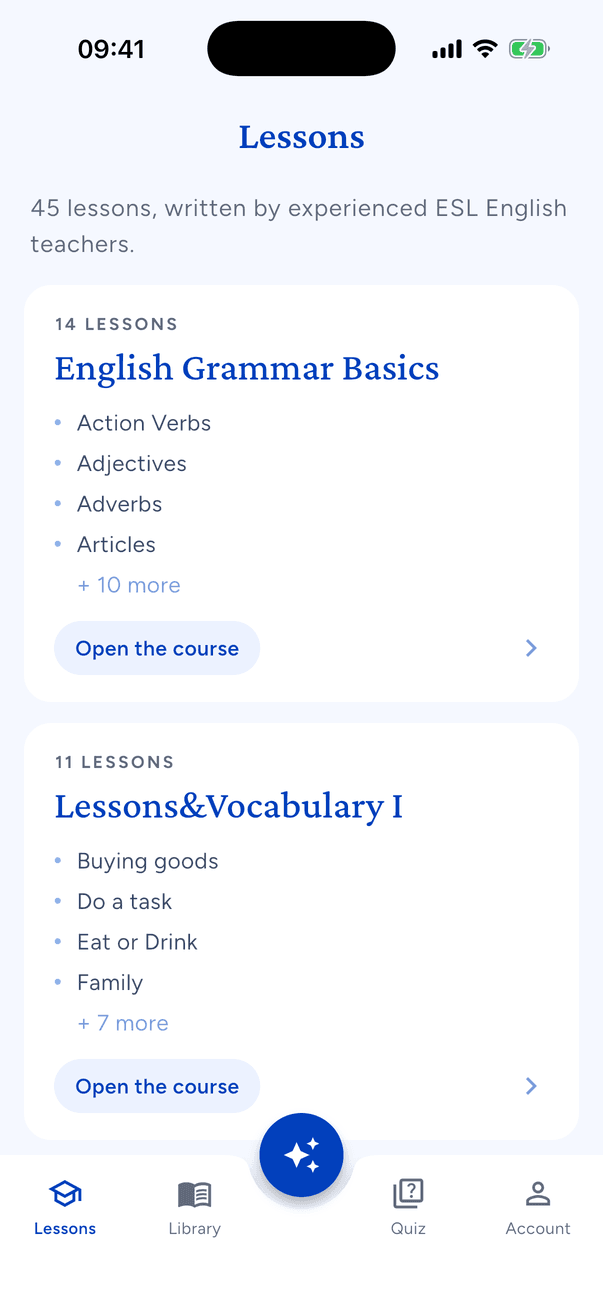 The lessons list in the app